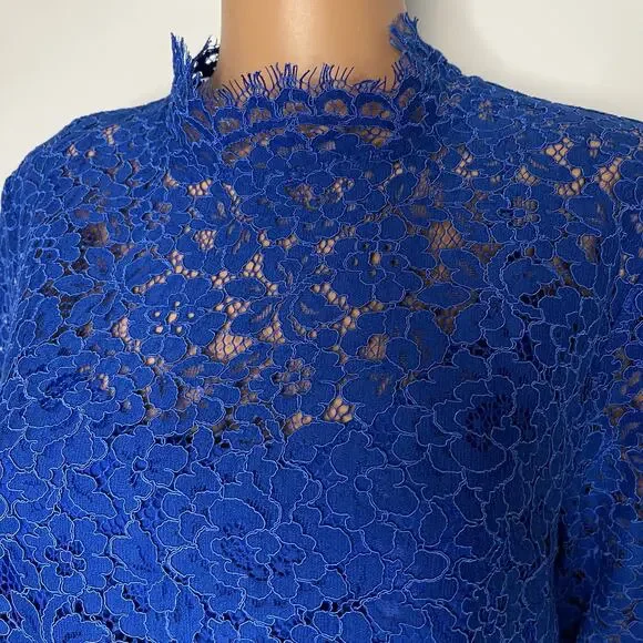 J. Crew Lace Top Long Sleeve Blue size 8 scalloped mock neck New - Picture 7 of 10